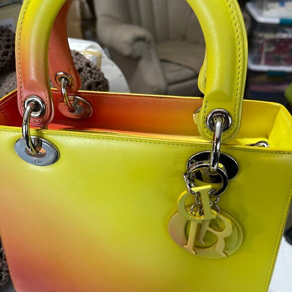 2014 CHRISTIAN DIOR BOX CALFSKIN GRADIENT MEDIUM LADY DIOR YELLOW ORANGE W/STRAP - Picture 15 of 15